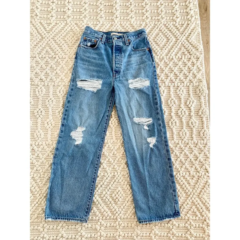 Levi's Ribcage Straight Ankle Jeans Distressed Medium Wash Size 26